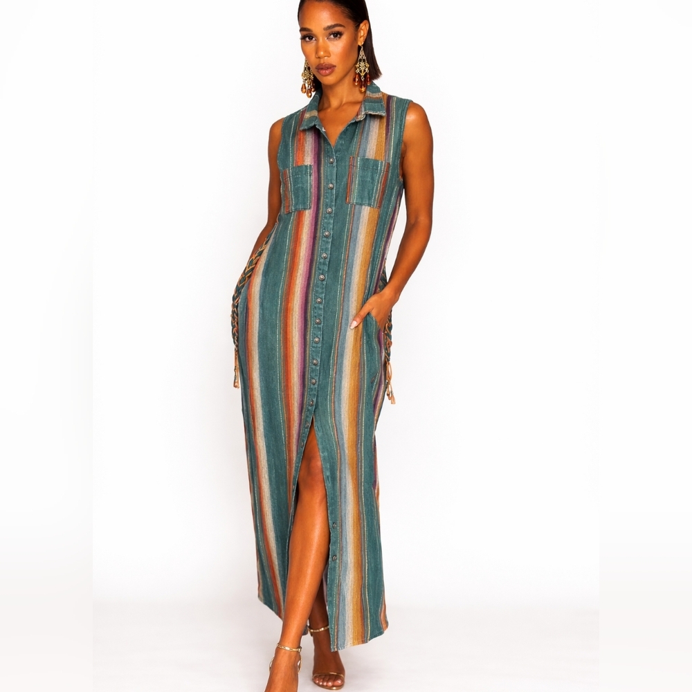 Sleeveless Striped Button-Front Maxi Dress - Teal Multi
